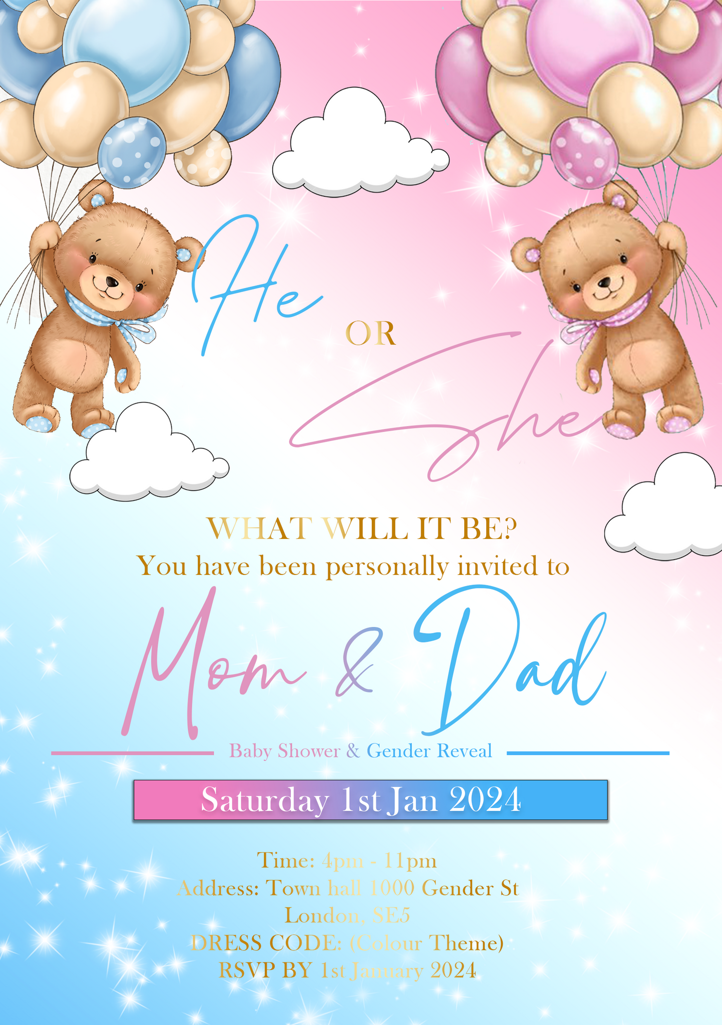 Pink, Blue & Gold Gender reveal invitation Flyer